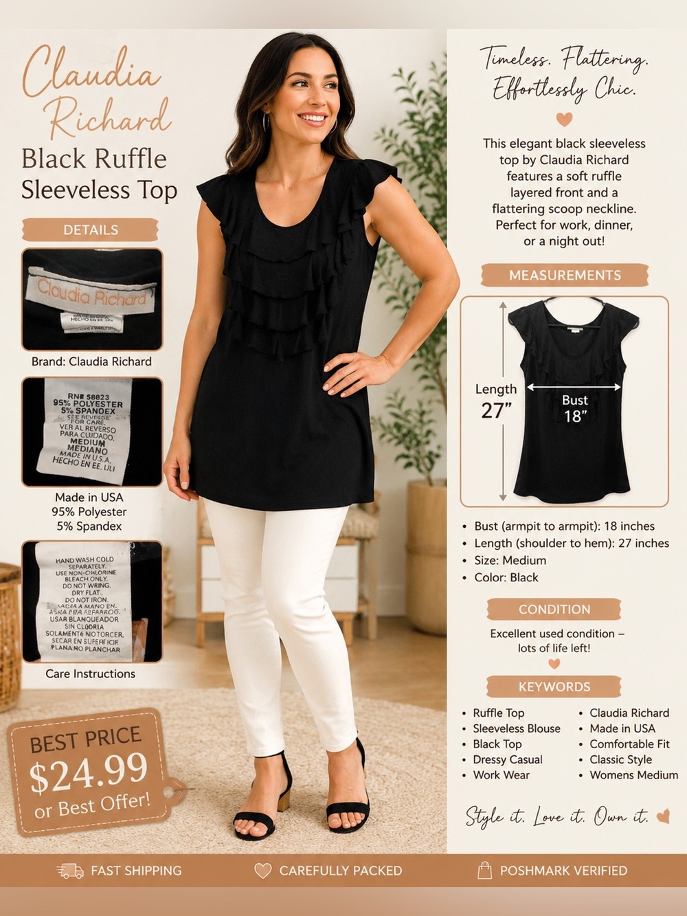 Claudia Richard Black Knit Top with Orange Label